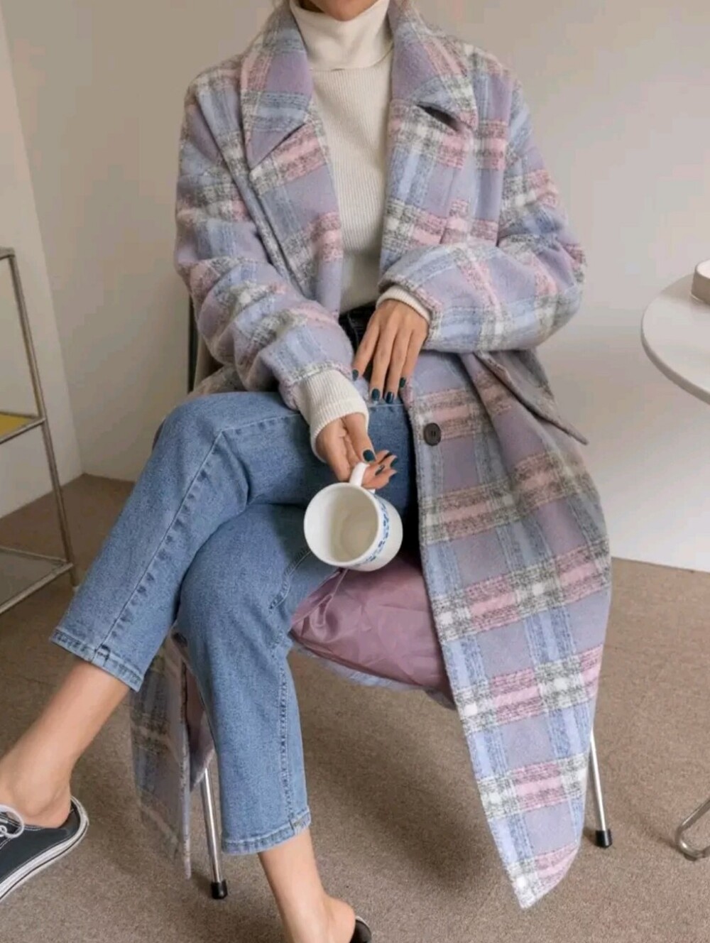 Plaid Lapel Neck Single Button Overcoat Women Jacket,Fall Women